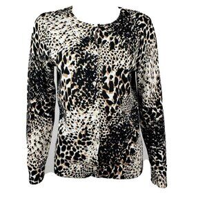 Croft & Barrow Cardigan Womens PM Petite Medium Black Brown White Animal Print